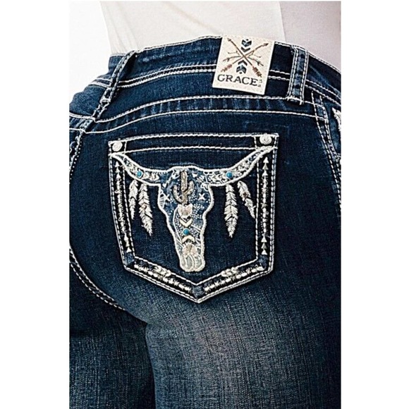 Grace in LA Denim - Grace in LA Women's Western Cow Steer Head Feather Bootcut Stretch Jeans